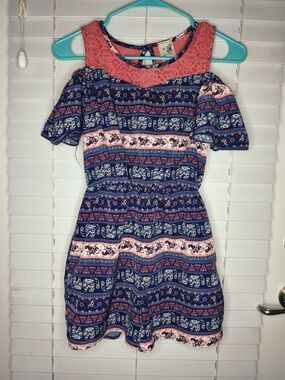 Lily Bleu Girls Boho Size L (12) Navy Pink Print Elephant Romper Cold Shoulder